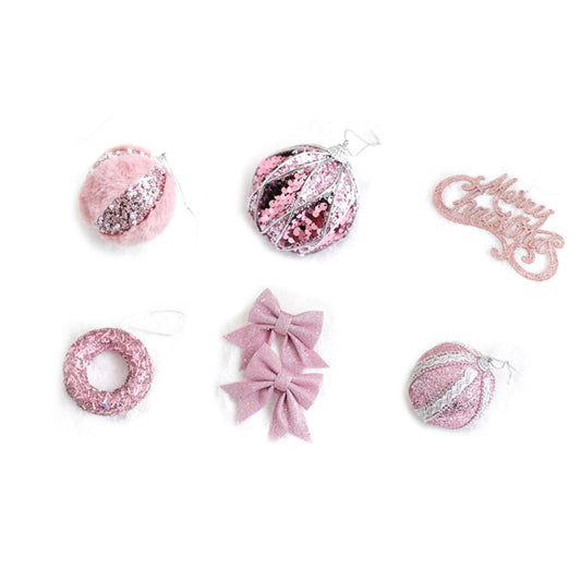6Pcs Xmas Tree Decoration Sequin Plush Bow Ball Donut Letter Sign Tree Decor Set Pink Color