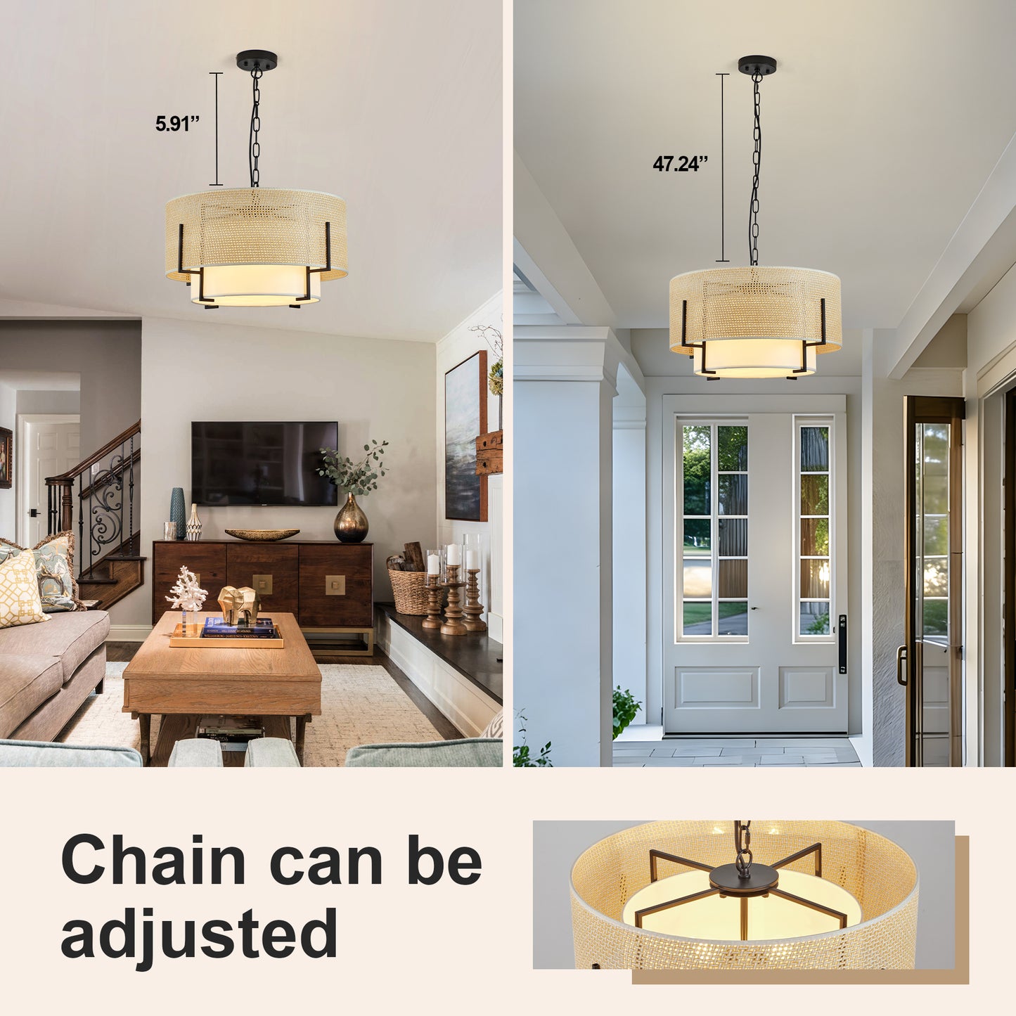 19.7   Farmhouse Boho Chandelier,4-Light Hand Woven Rattan Pendant Light With Fabric Shade Rustic Drum Chandelier For Dining Room Kitchen Bedroom Foyer Entryway Living Room