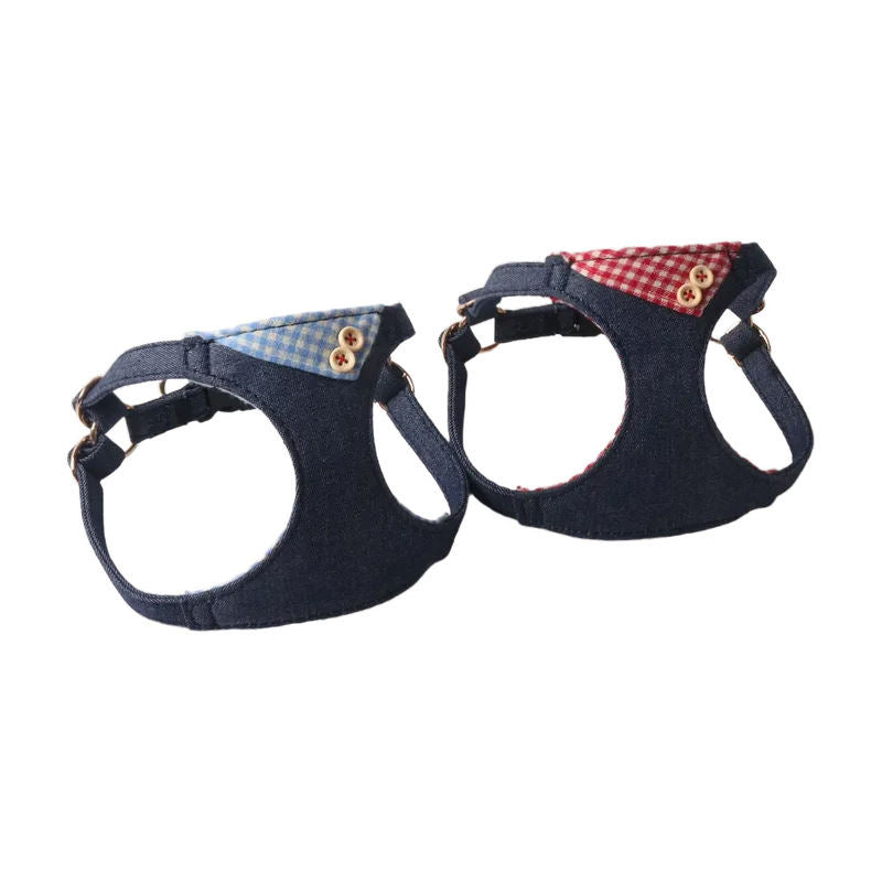 Dark Blue Denim Patchwork Plaid Pet Harness Set