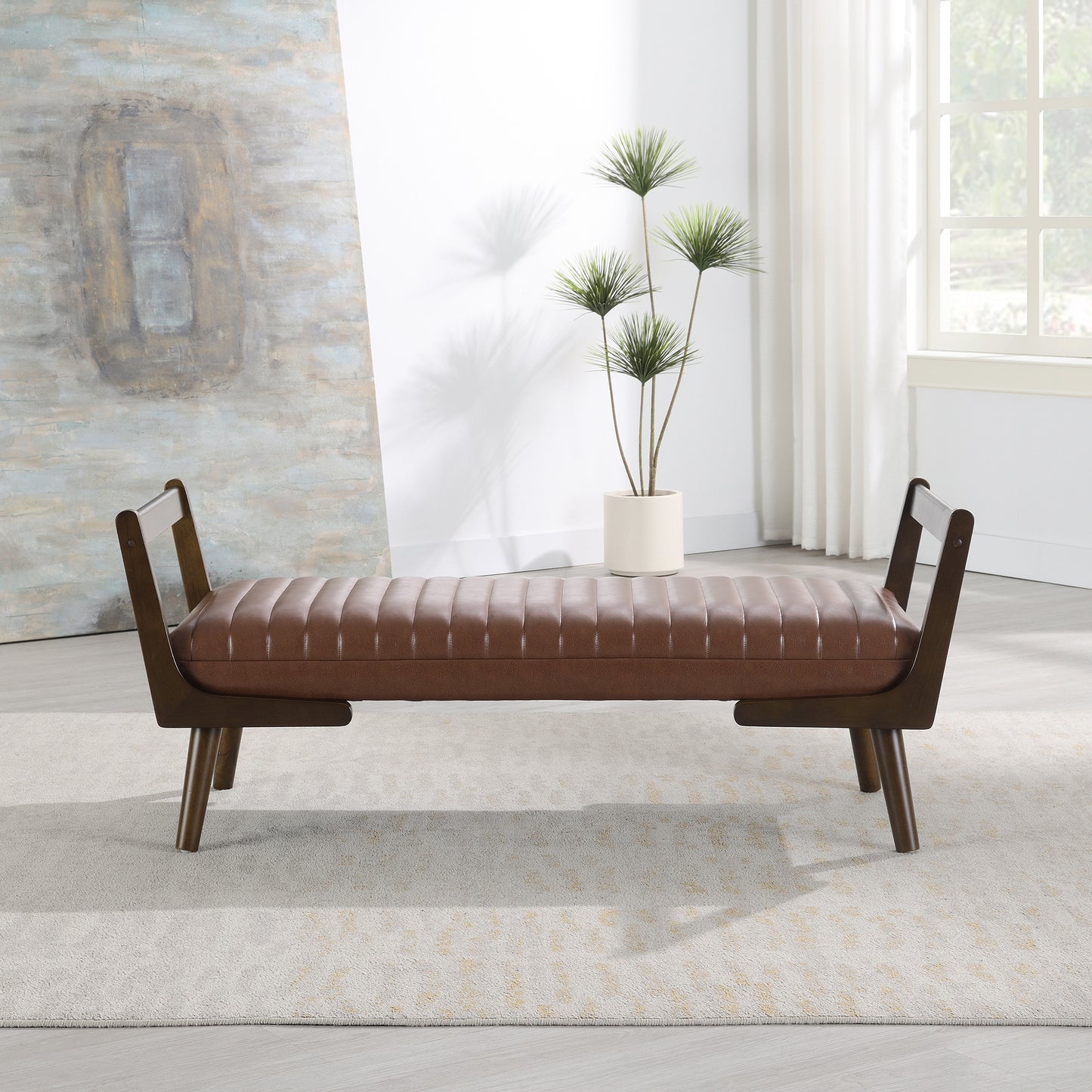 52  Mid Century Bench With Walnut Wood Leg,Channeled Upholstered Footrest Stool For Kitchen, Living Room, Bedroom, Entryway, End Of Bed. PU Cognac, Light Brown