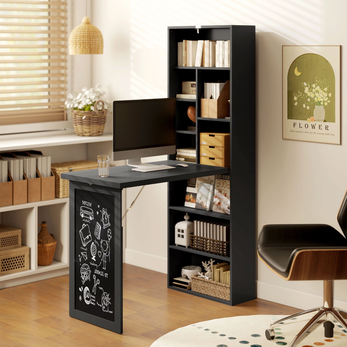 Fold-out Convertible Home Office Desk, Wall Mount Computer Desk with Blackboard and Side Shelf, Black