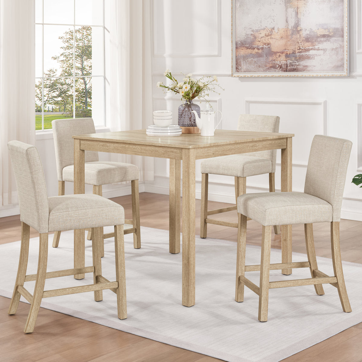 5-Piece Counter Height Table Set with 4 Chairs, Counter Height Table Set for 4 with Chairs, Wooden Counter Height  Table Set for Kitchen, Dining Room, Light Oak