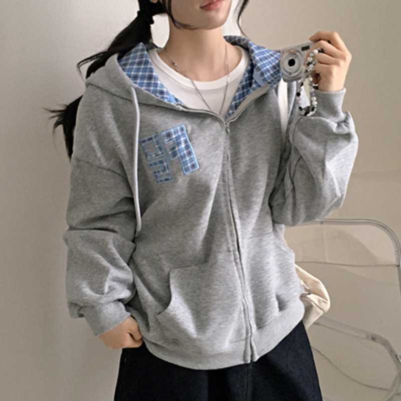 Korean Style Autumn New Machine Embroidery Letters Retro Plaid Zipper Sweater