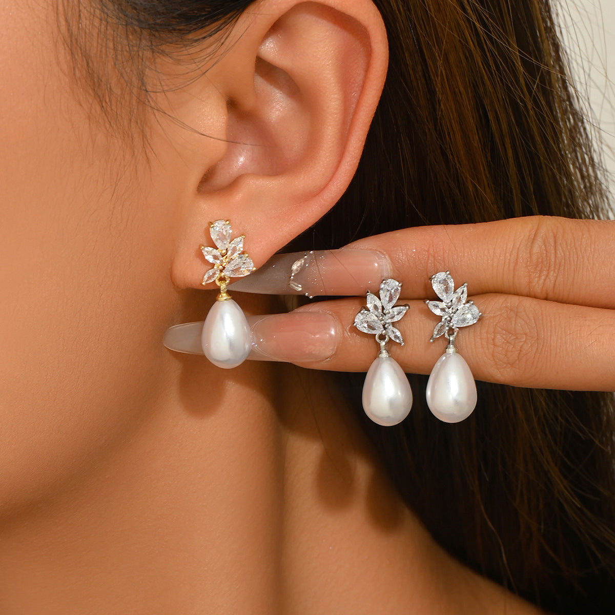 Cross-border European American Women Earrings, Geometric Forest Leaf Design Stud Earrings Inlaid Cubic Zirconia & Faux Pearl, Versatile Daily Ear Accessories For Ladies