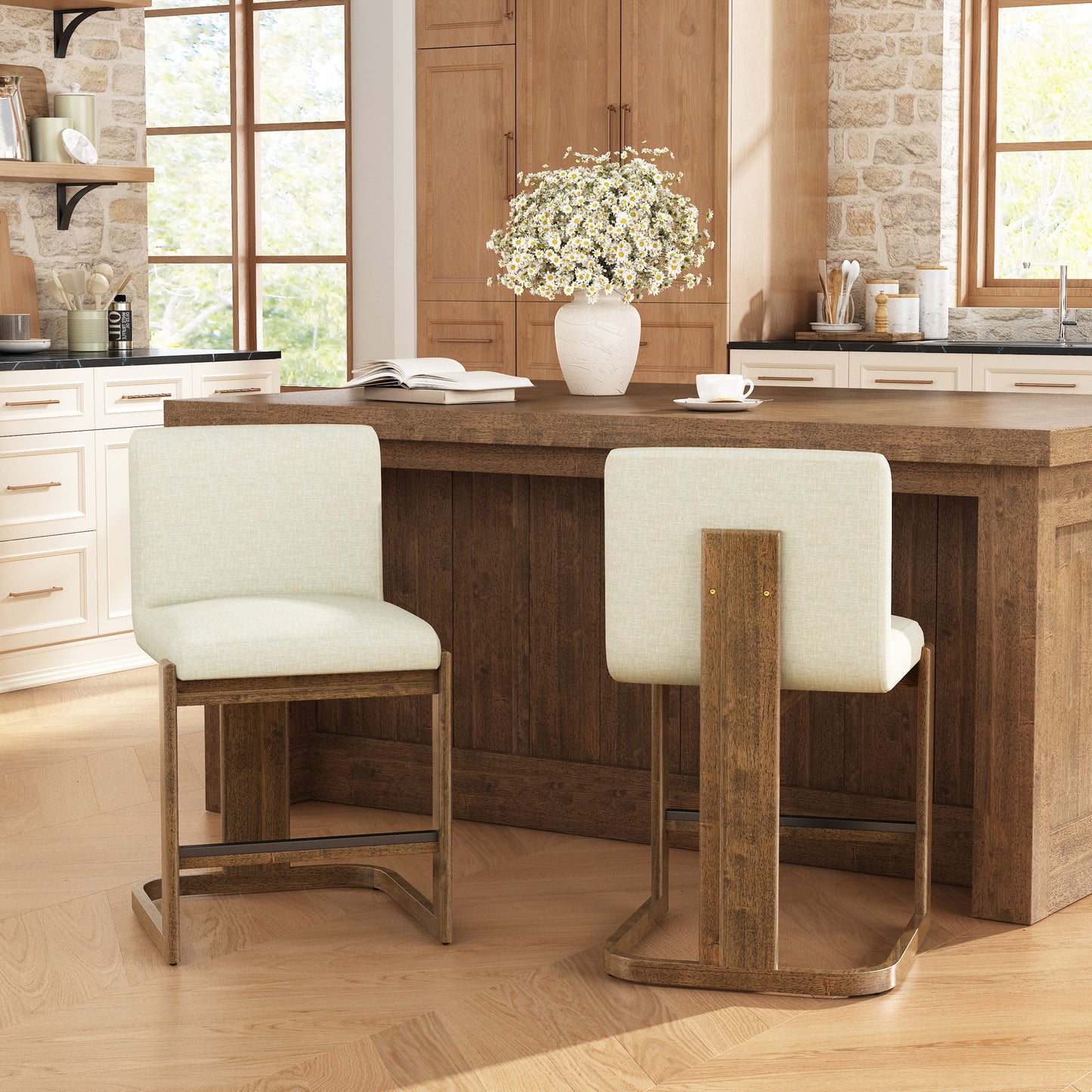 Modern Bar Stools Set Of 2, 24  Solid Wood Counter Height Barstools, Linen Upholstered Kitchen Island Chair With Walnut-Finished Wood Legs For Home Bar Coffee Shop,Beige