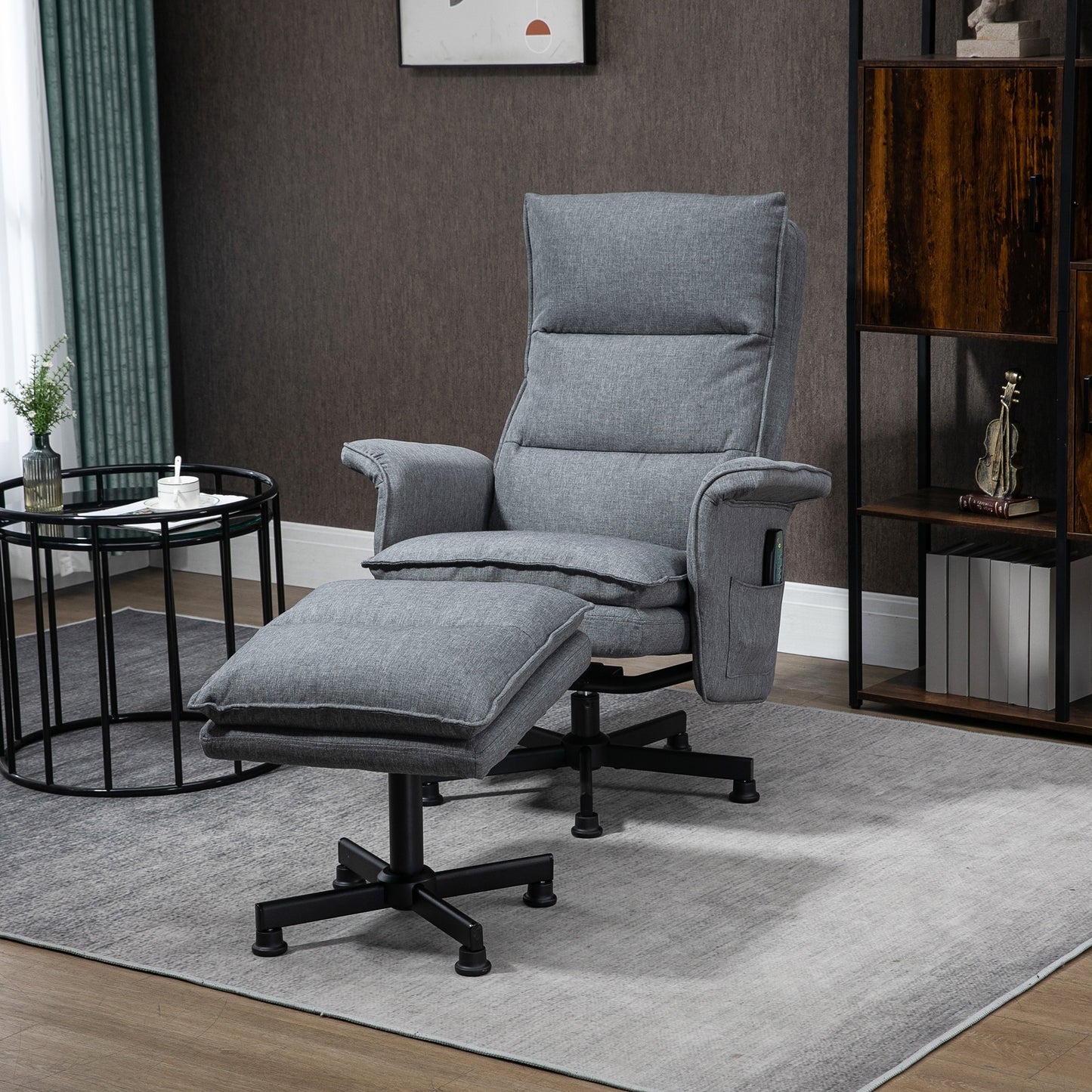 Swivel Recliner Chair And Footstool, Upholstered Massage Recliner Armchair With Remote Control, Timer And Steel Base, Grey