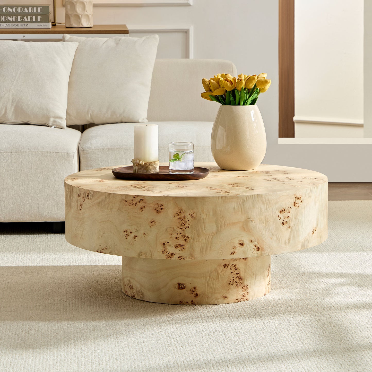 31.49  Mid Century Modern Round Wood Coffee Table With Burl Wood Veneer And Sturdy Pedestal For Living Room Office Apartment