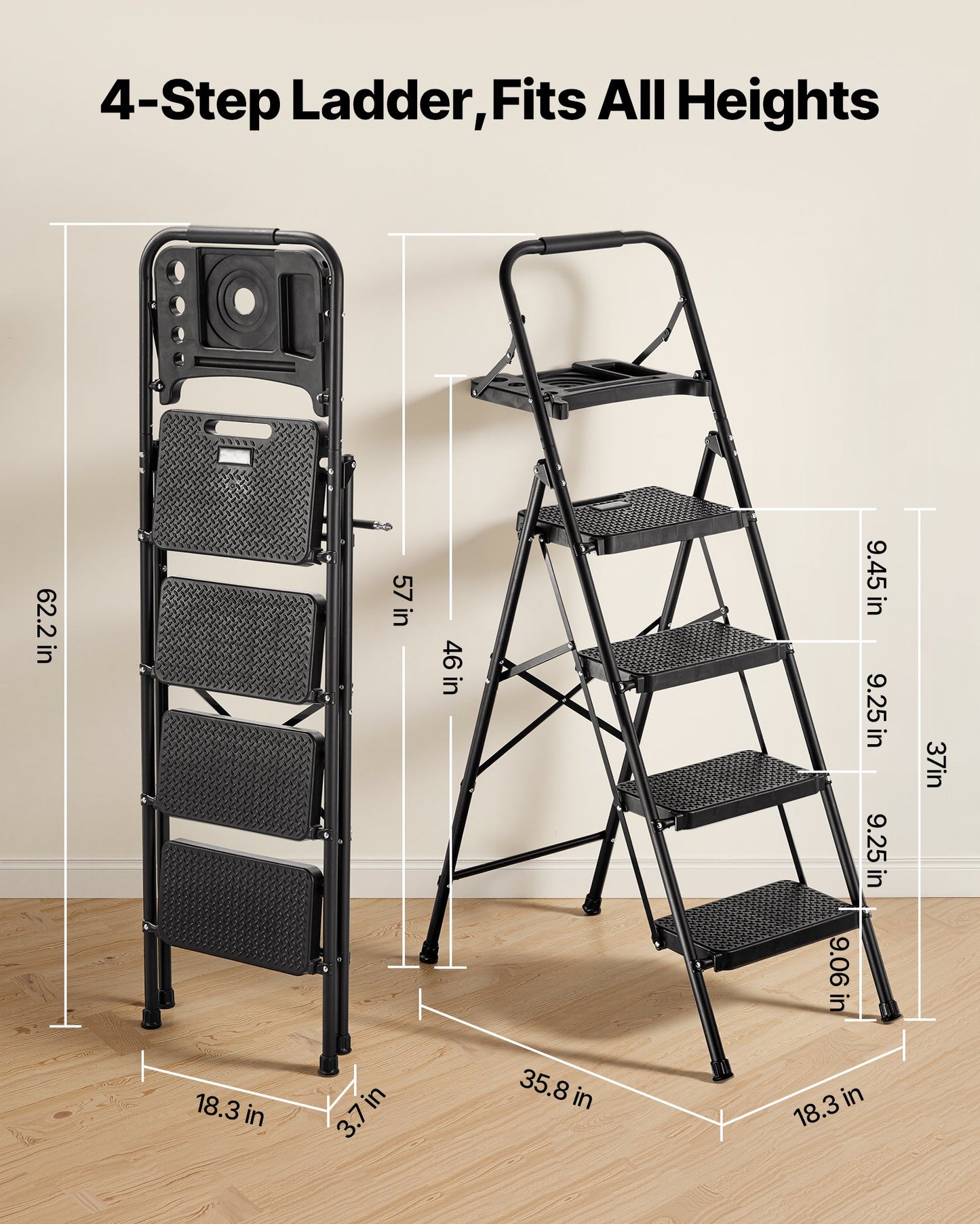 4 Step Ladder, Folding Step Stool With Wide Anti-Slip Pedal, Tool Tray, Comfort Handgrip, 600 Lbs Capacity Portable Steel Ladder, Multi-Use For Kitchen, Home, Household And Office, Black