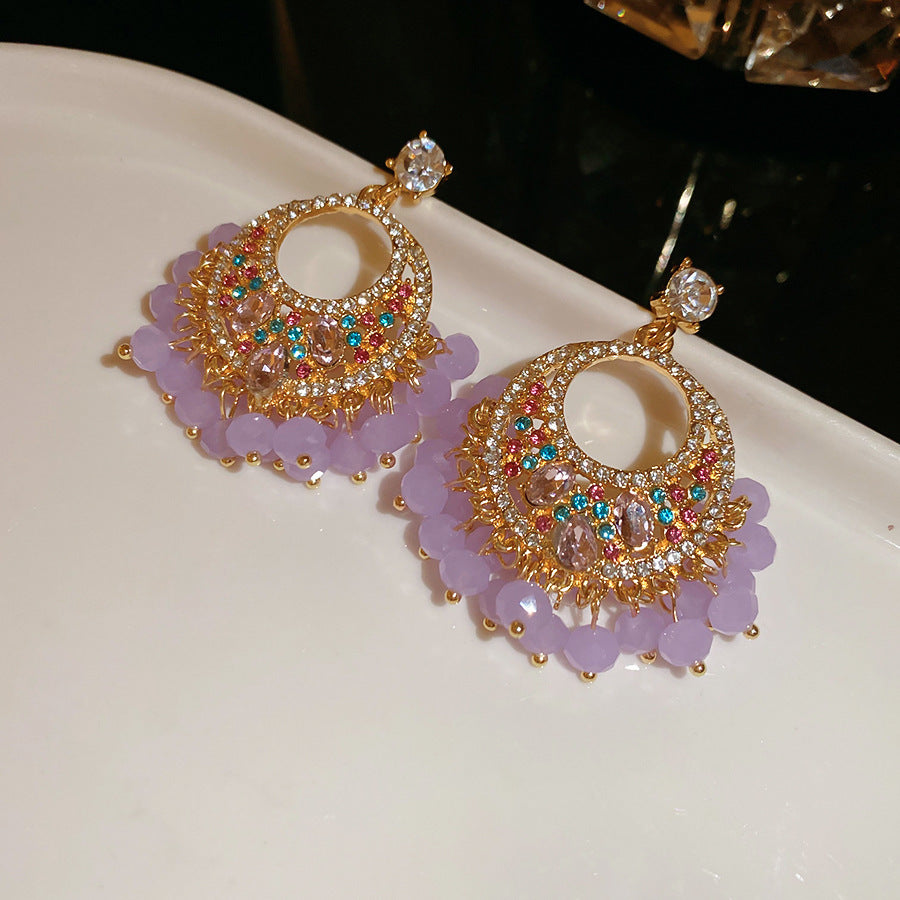 Korean Cute Purple Crystal Flower Earrings Women Premium Elegant Studs Versatile Everyday Wear