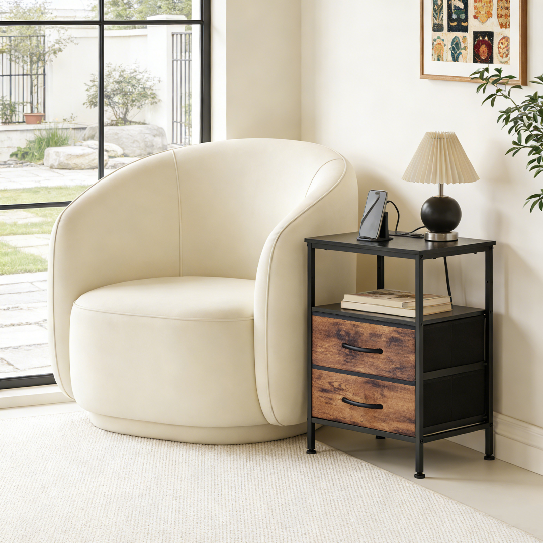A Small Bedside Table With A Charging Station And Two Fabric Drawers, And A Side Bedside Table