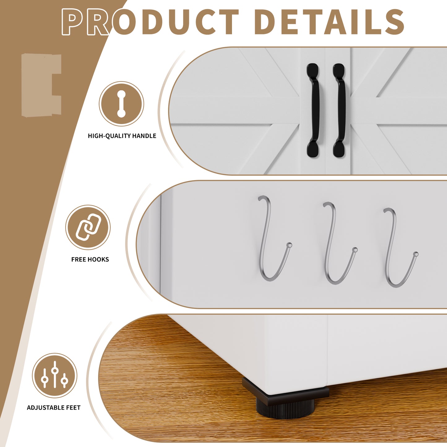 71  High White Steel Kitchen Pantry Storage Cabinet With Large Countertop, Adjustable Shelves, Drawers And Hooks, Heavy-duty Modern Style Cabinet