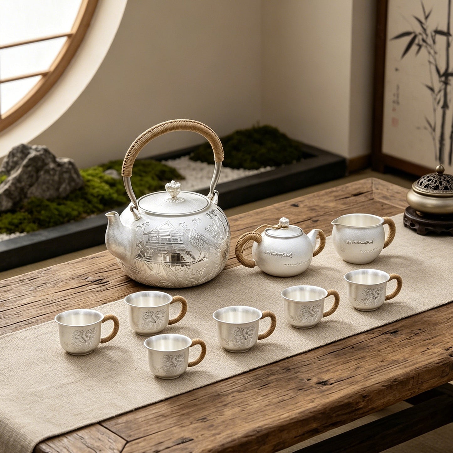 925 Sterling Silver Thai  Tea Set with Woven Handles and Intricate Floral Motifs - Handicraft