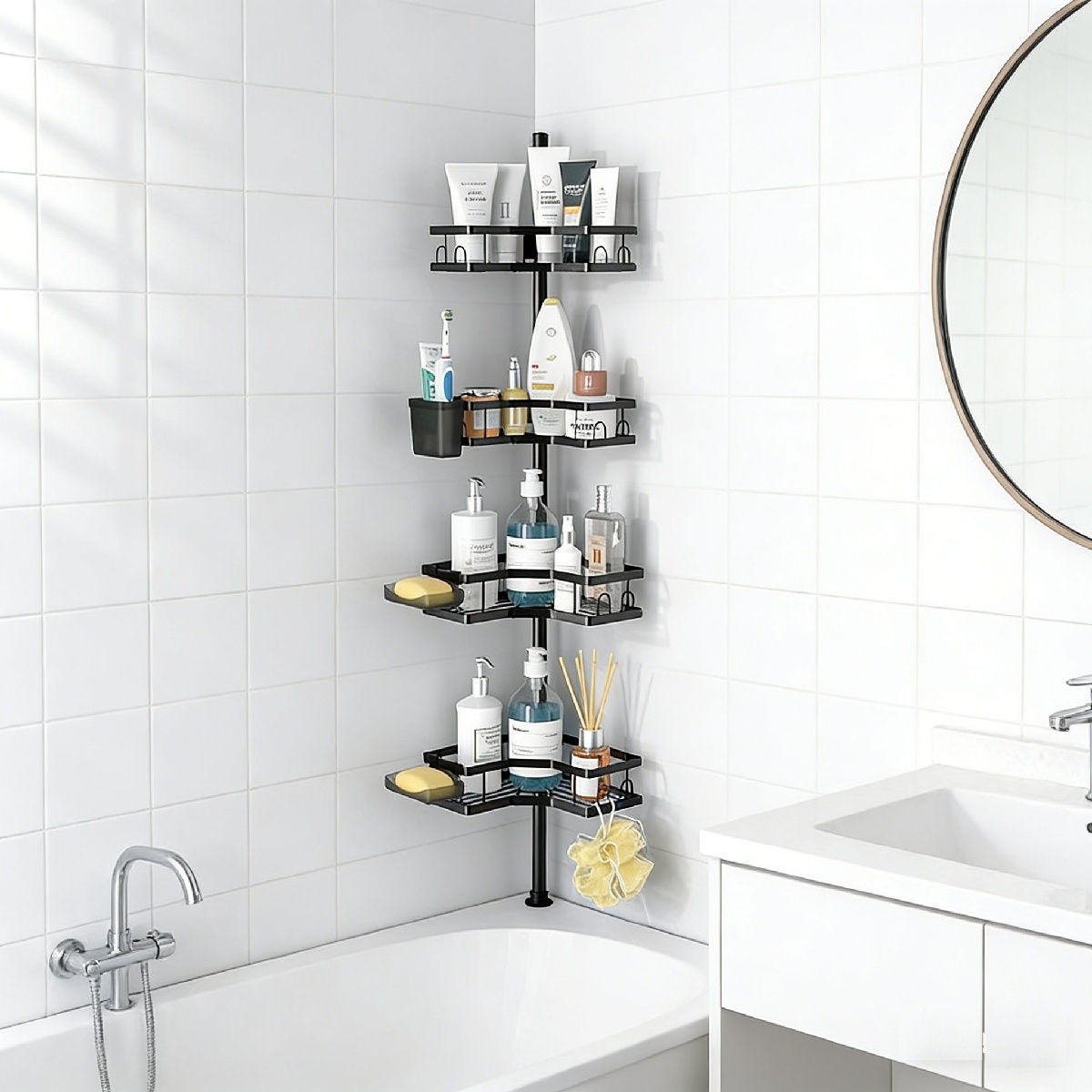 Telescopic Shower Shelf (No Drilling Required), 4-Layer Black For Bathroom Storage – Party Accessories Set