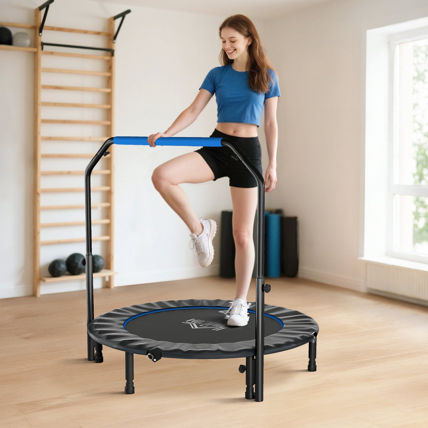 48" Foldable Mini Fitness Trampoline, With Adjustable Foam Handle, Blue