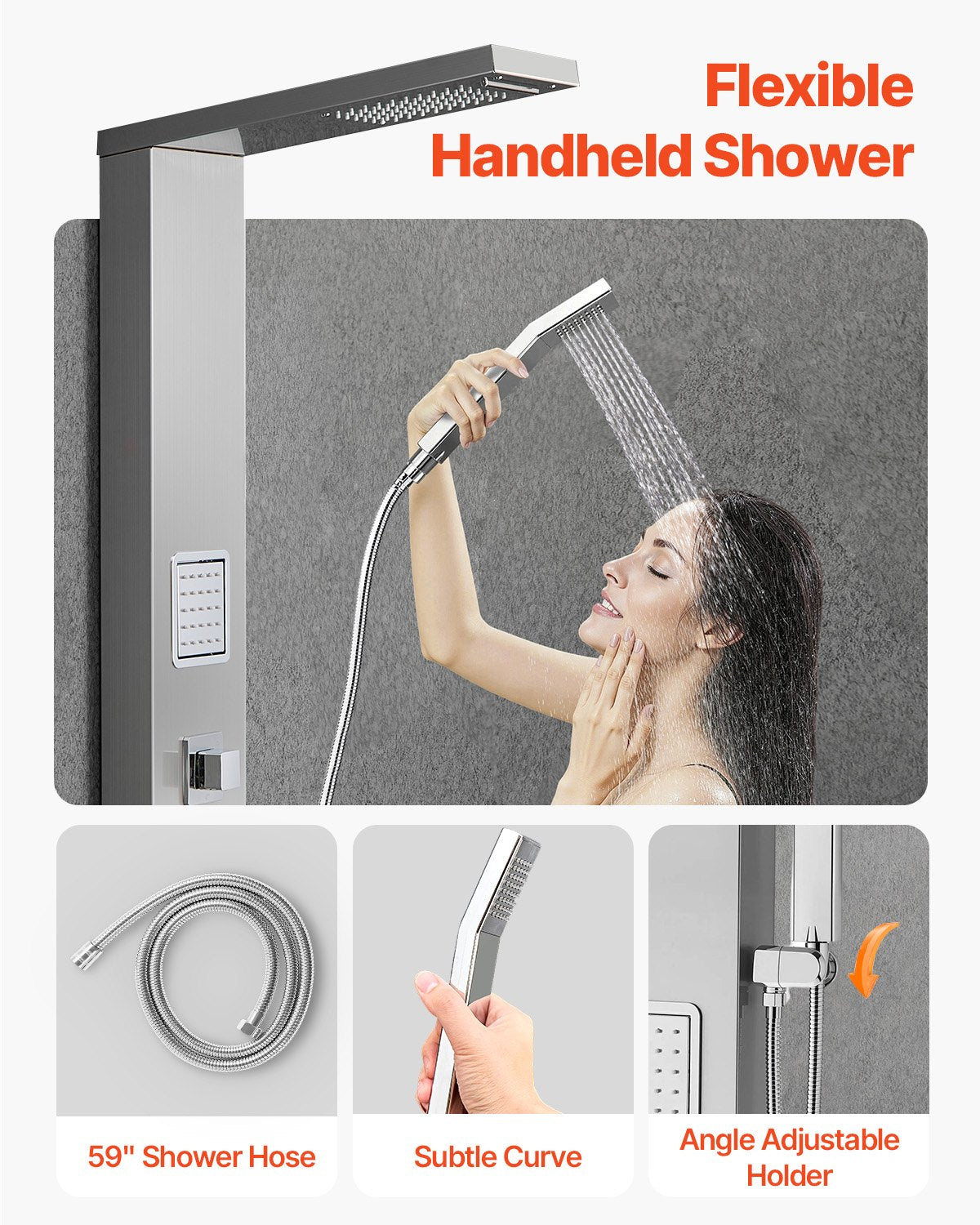 Shower Panel Tower System With Rainfall Waterfall Shower Head, 53 In Brushed Stainless Steel Shower Column, 5-Function Faucet, Wall-Mount Rain Massage System With 2 Body Jet, Handheld, Tub Spout