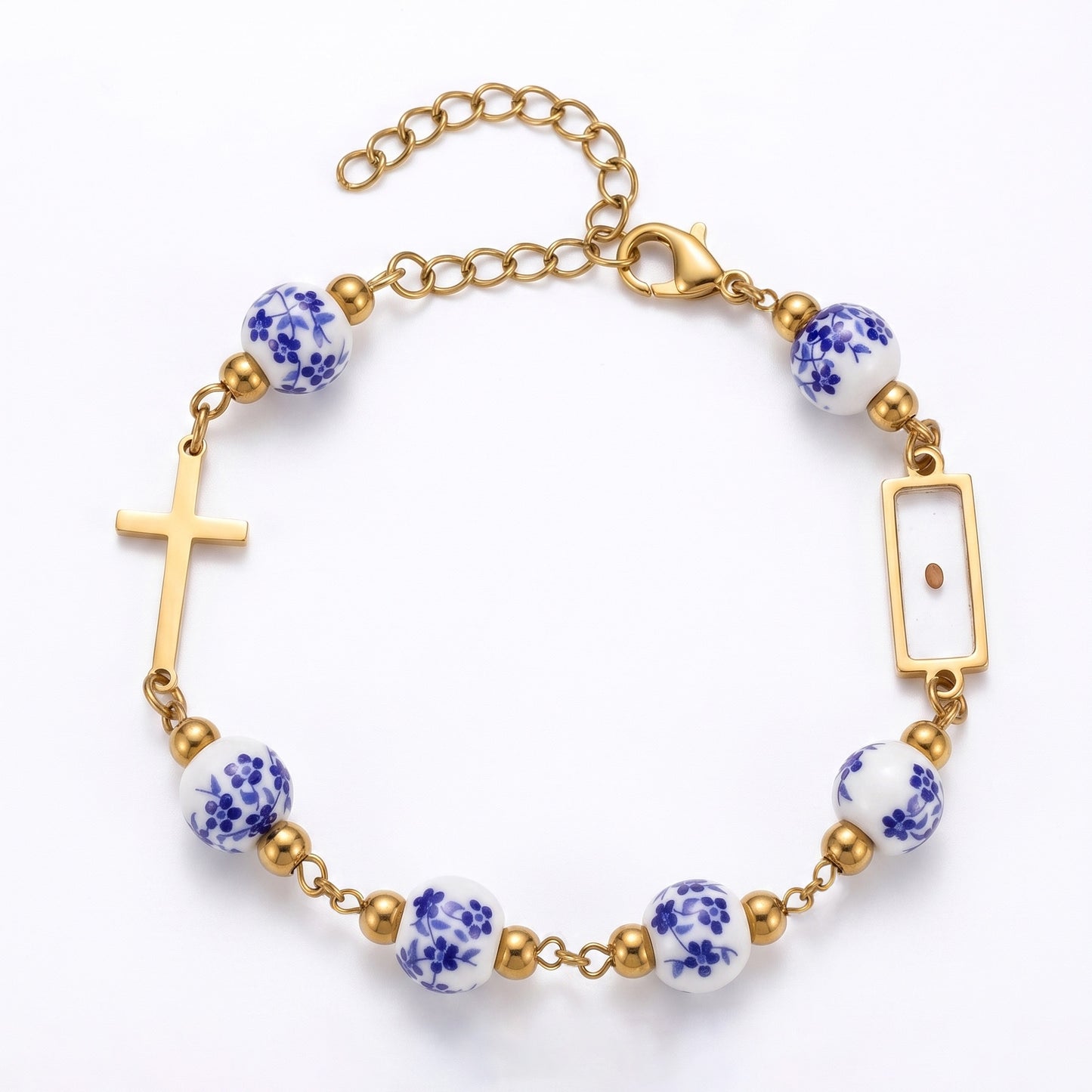 Christian Gifts 18K Gold Plated Cross Bracelet Real Mustard Seed Inside Faith Jewelry For Women Flower Printed Ceramic Beads Stainless Steel Matthew 17 20 Bracelet