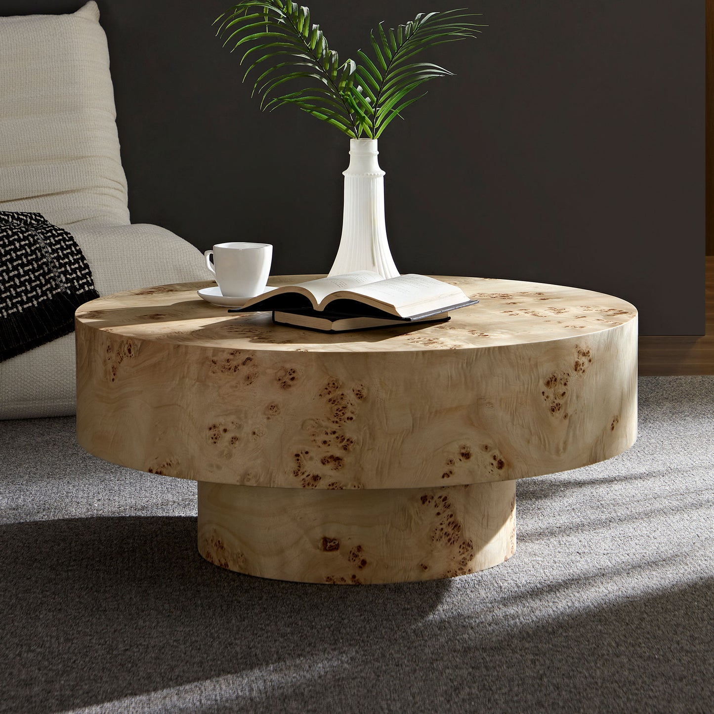 31.49  Mid Century Modern Round Wood Coffee Table With Burl Wood Veneer And Sturdy Pedestal For Living Room Office Apartment