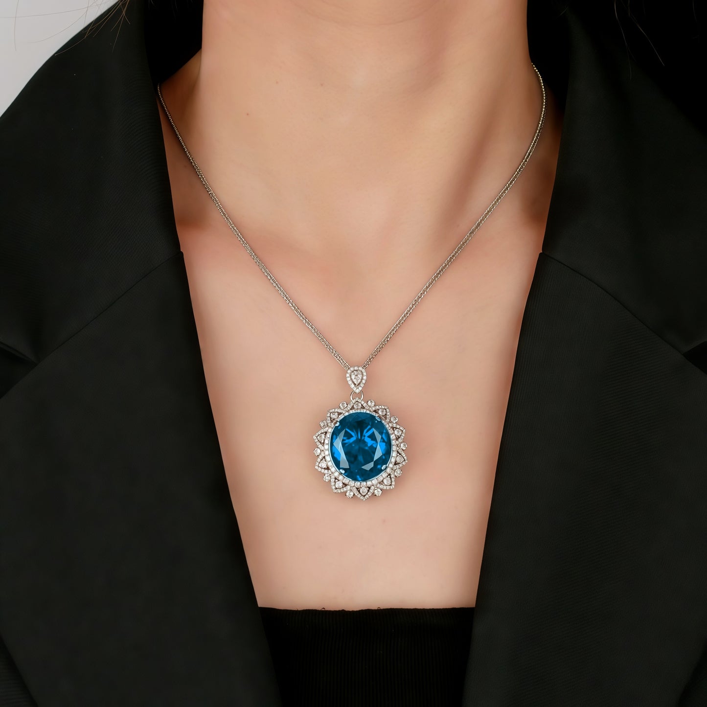 Oval Cut Royal Blue Simulated Sapphire Double Halo Pendant Necklace For Women, Copper Plated Silver White CZ Vintage Floral Halo Wedding Bridal Statement Jewelry Gift