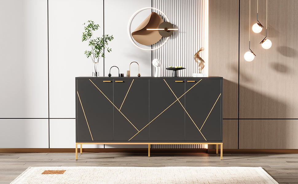 Sideboard With Four Doors, Metal Feet, TV Cabinet, Wardrobe, Linear Design With Metal Line Decor, Black Golden, Dimensions H 80cm  W 150 Cm  D 40 Cm