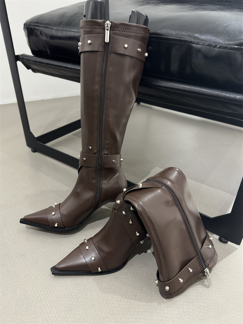 Women's Pointed Toe High Heel Knee-High Knight Boots, 2026 New Autumn Winter Slim Fit Boots, Vintage Studded Boots With Belt Buckle