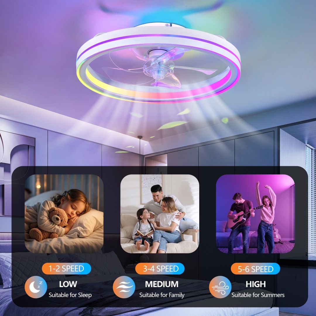 RGB Ceiling Fans With Lights, 19in Smart LED Ceiling Fan With Remote APP Control, Modern Low Profile Bladeless Chandelier Fan, Dimmable White Fandelier For Bedroom, Living Room, Kitchen