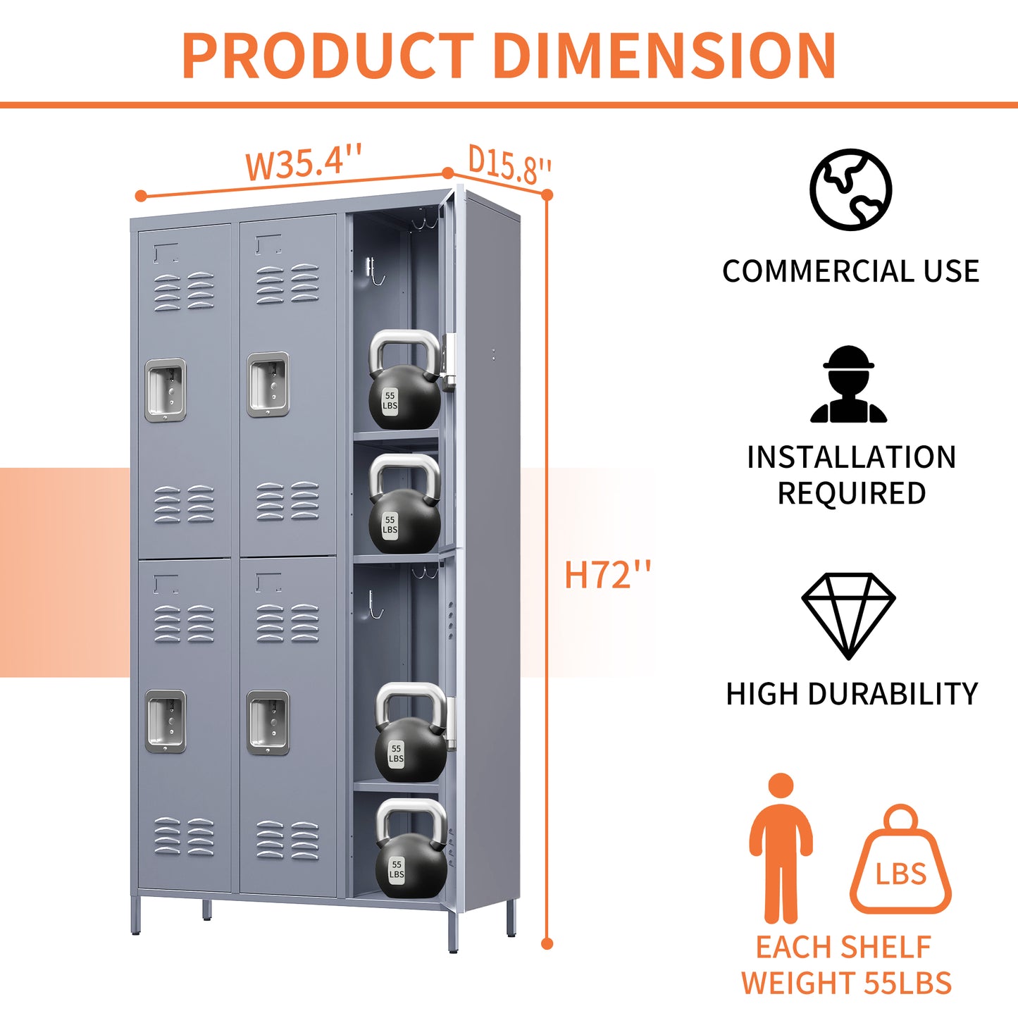 6 Door 72 H Metal Lockers With Lock For Employees,Storage Locker Cabinet  For Home Gym Office School Garage,Gray