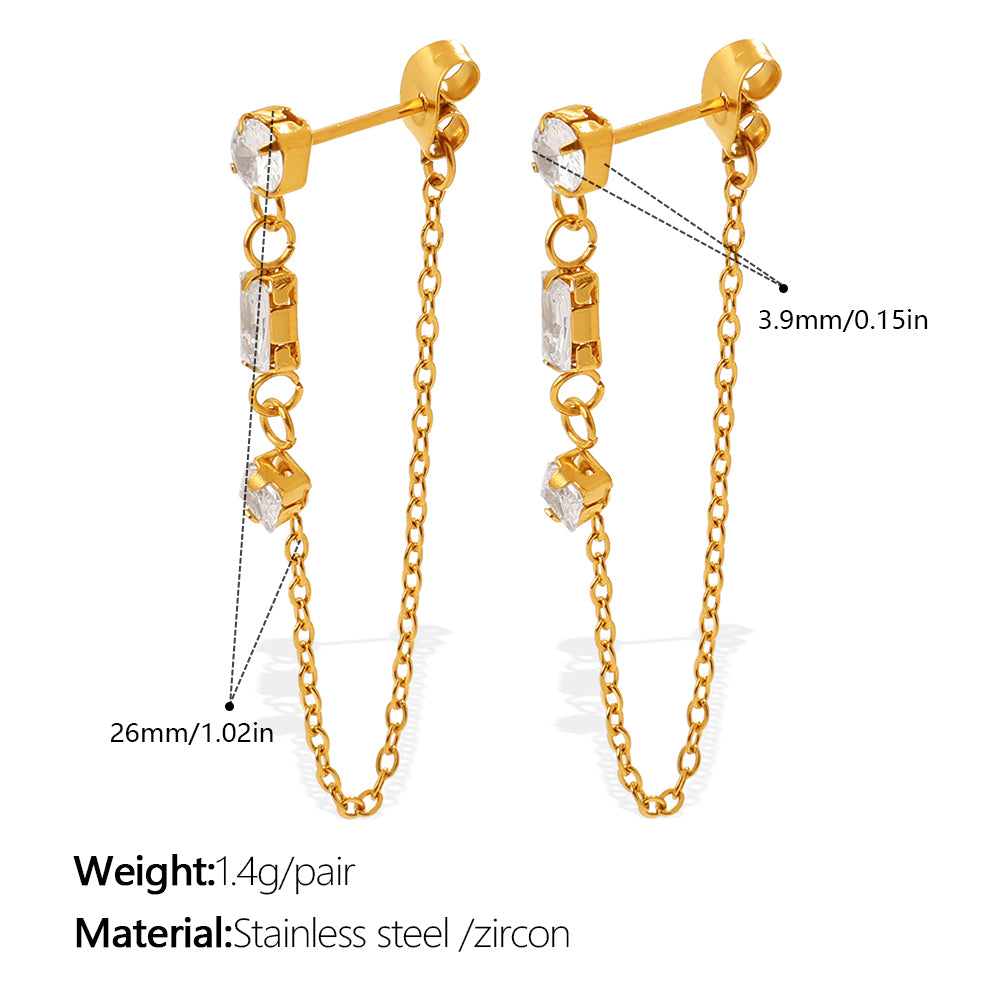 New Fashion Luxury Design Zircon Inlaid Pendant Earrings, Stainless Steel, Korean & Japanese Style Chain Tassel Ear Jewelry
