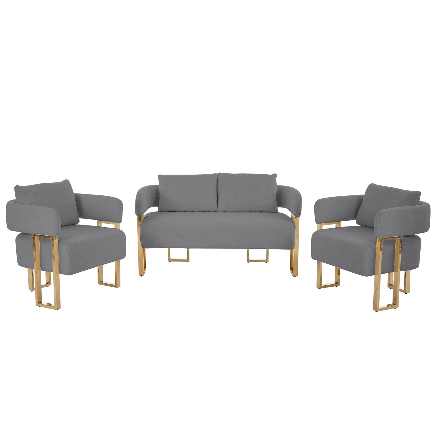 TS Modern Decorative Chair, Living Room Side Chair With Gold Metal Legs, No Wheels, Suitable For Dressing Area, Reception Room, Office,Teddy Fleece Upholstered Metal Foot Sofas Grey Combo Set