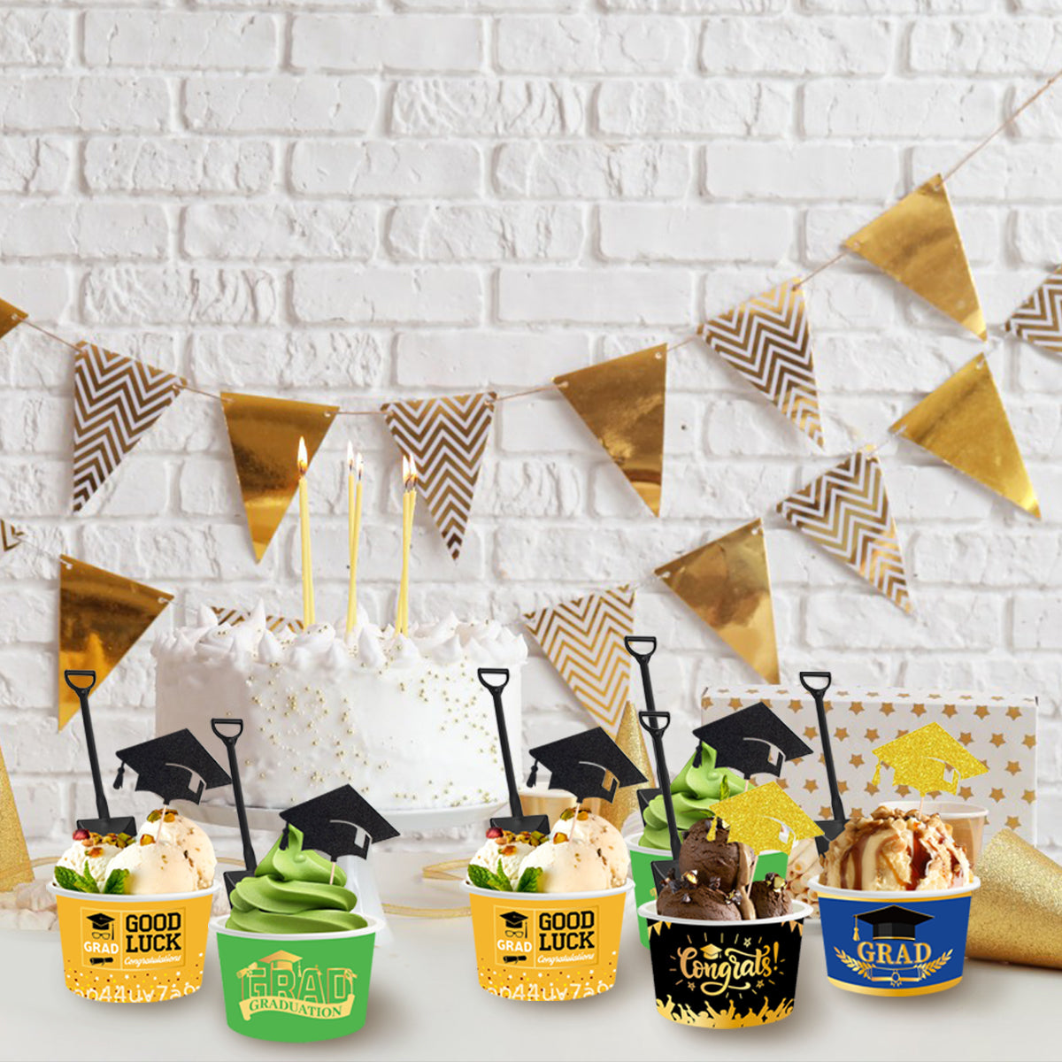24Pieces Graduation Ice Cream Cups With Decorative Picks And Spoons Set Congrats Grad Disposable Dessert Bowls For Hot Or Cold Food 8 Oz Graduation Party Favor Paper Food Containers For Sundae Snack F