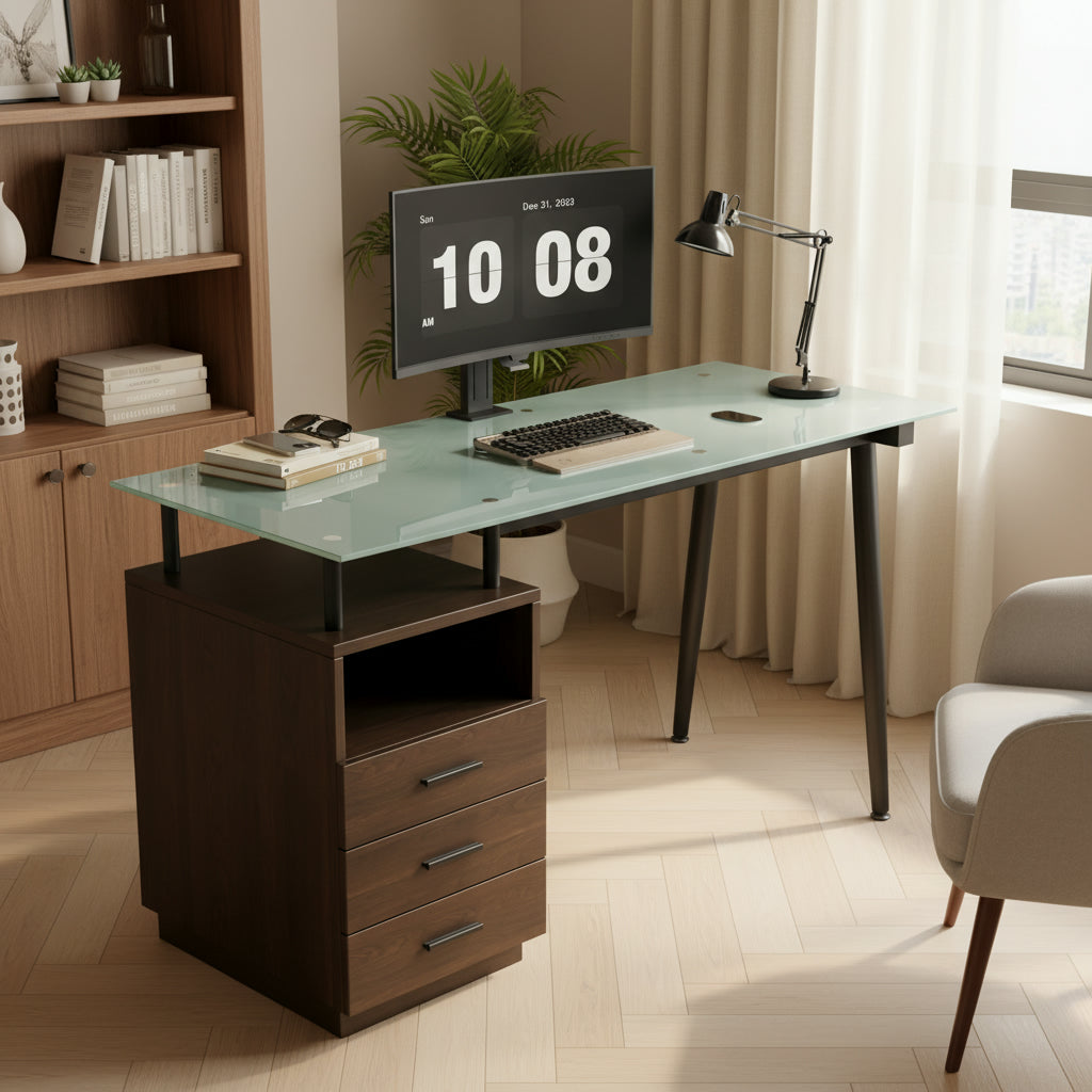 130x50x75cm Modern Desk With Glass Top, Tubular Steel Frame, Three Drawers And Open Storage Compartment, Tempered Frosted Glass, Black Handles, Brown