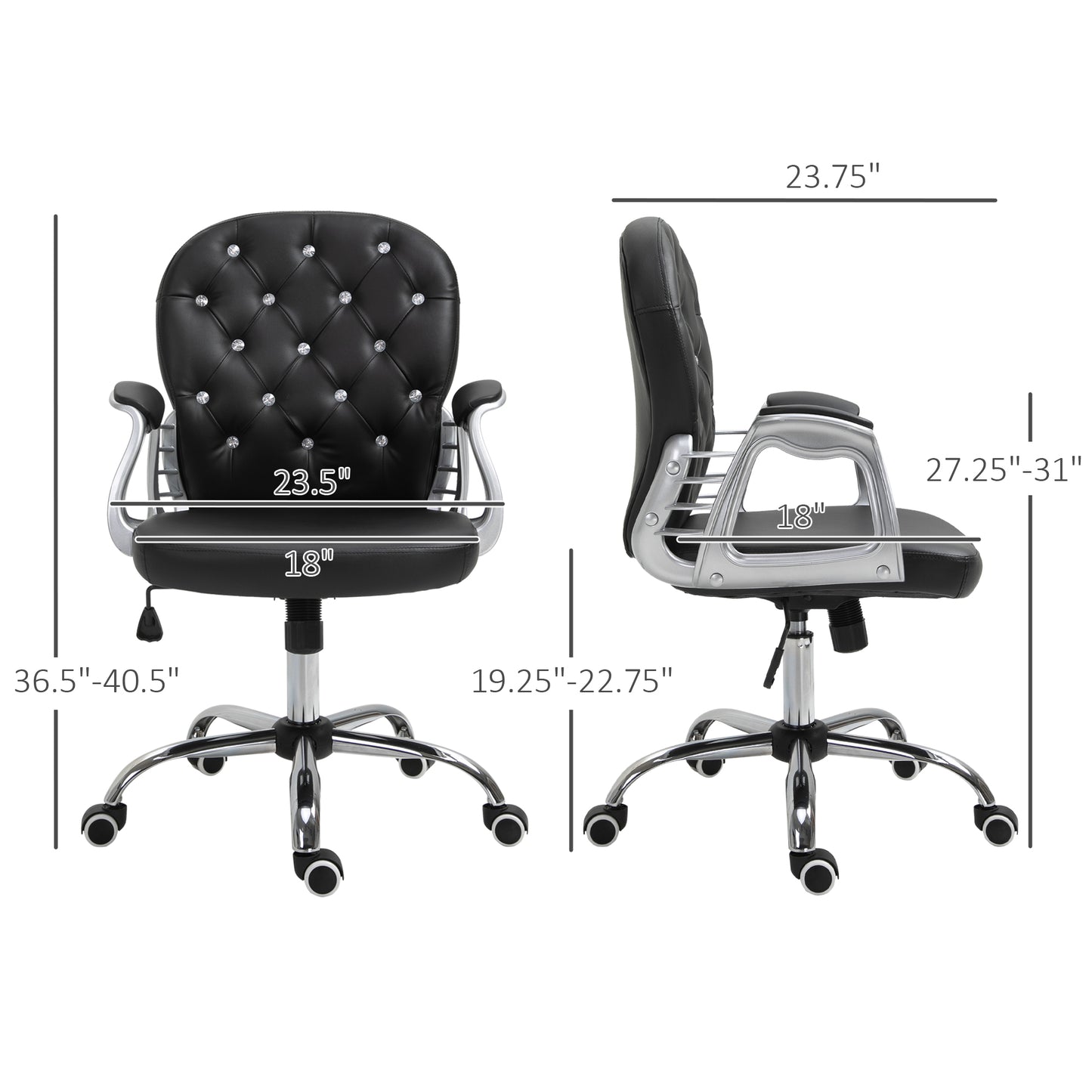 Makeup Vanity Chair, PU Leather Computer Task Chair with Button Tufted, Padded Armrests, Adjustable Height and Swivel Wheels, Black