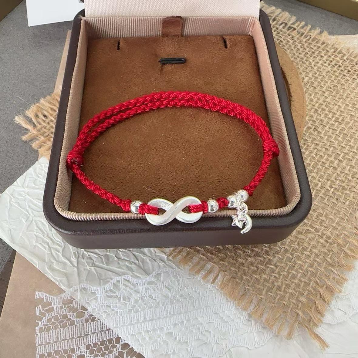 1pcs 999 Sterling Silver Infinity Star Moon Charm Double Red Rope Braided Bracelet, Elegant Chinese Style, For Daily Date Wear & Girlfriend Valentine Lucky Gifts