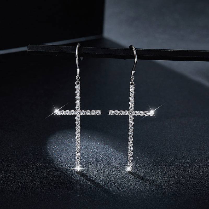 S925 Sterling Silver Moissanite Cross Dangle Earrings  Pave Hook Drop With GRA Certificate Platinum Plated Christian Jewelry Gift Box Set For Women
