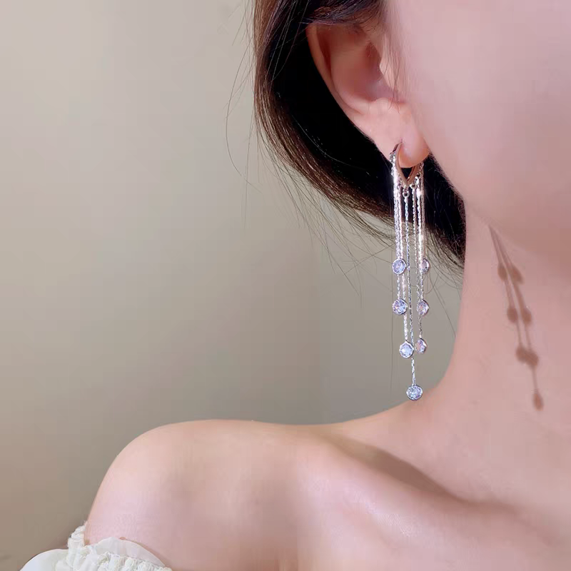 1 Pair 999 Sterling Silver Long Tassel Crystal Earrings, Luxurious Elegant Style, Perfect For Parties & Valentine's Gifts
