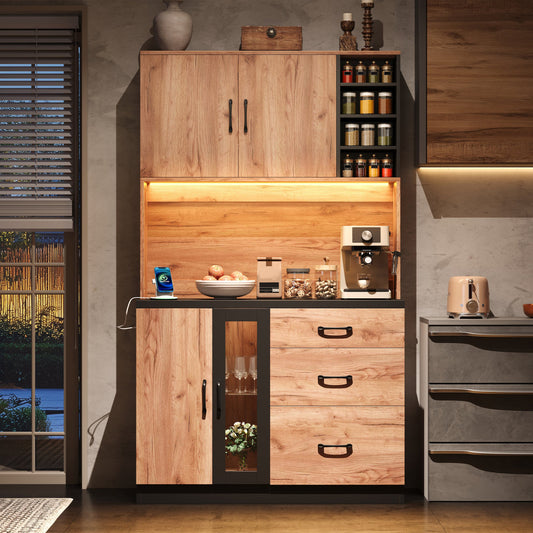 105 X 40 X 180 Cm Modern Kitchen Tall Cabinet, Black And Wood Look With LED Lighting, Adjustable Shelves And Euro-style Socket, Suitable For Kitchens, Dining Rooms, Living Rooms, Etc.