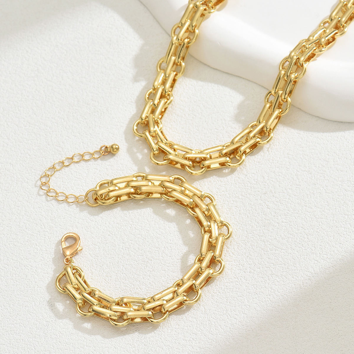Ins Unique Metal Design Jewelry Set For Women, Niche Exaggerated Alloy Long Clavicle Necklace & Matching Bracelet, Fashion Daily Accessories