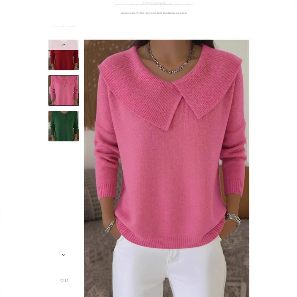 Women's Autumn  Winter New Arrival  Chic Oversized Sweater, Korean Retro Collared Knit Top, Slimming & Versatile