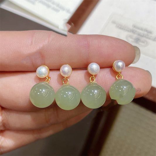 Best-selling All-silver S925 Stud Earrings Inlaid With Clear Jade-like Hetian Jade