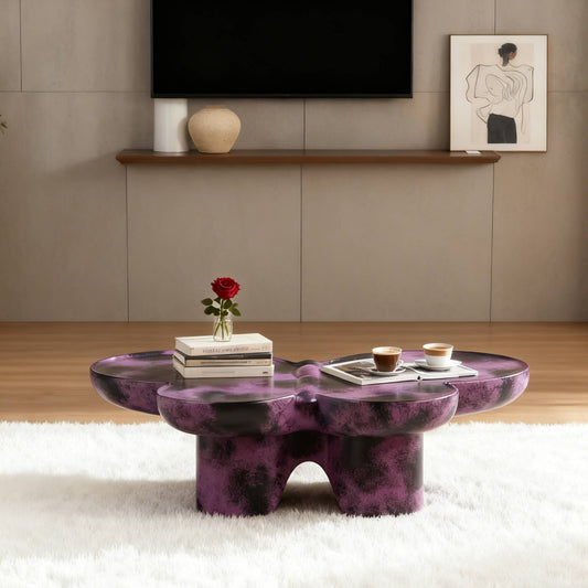 Modern Coffee Table Faux Travertine Textured For Livingroom Office,Purple    Black