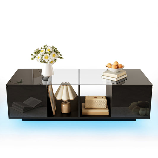 Modern Black Coffee Table With LED Lighting, High Gloss Top, 120 X 50 X 38.5 Cm