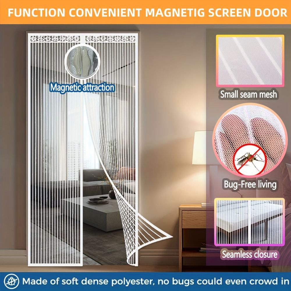 Summer Magnetic Screen Door - White Striped, Easy To Install, Strong Magnet, Automatically Closes Mosquito Net Curtain, Pet Tested, Suitable For Bedroom, Kitchen, Living Room, Dining Room And Balcony,