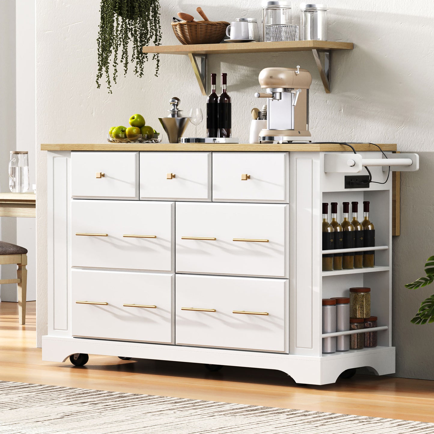 K&K Kitchen Island With 6 Drawers, Pull Out Trash Can Storage, Rolling Kitchen Island On 5 Wheels With Drop Leaf, Power Outlet, 5 Open Side Racks For Kitchen, Dining Room, White