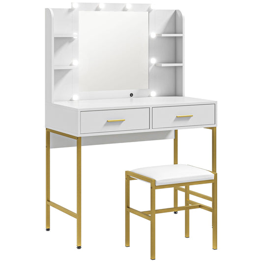 Dressing Table With Lighted Mirror, Cushioned Stool, Drawers, Shelves, LED Makeup Vanity Desk Set, Modern Dresser Vanity Table For Bedroom, White