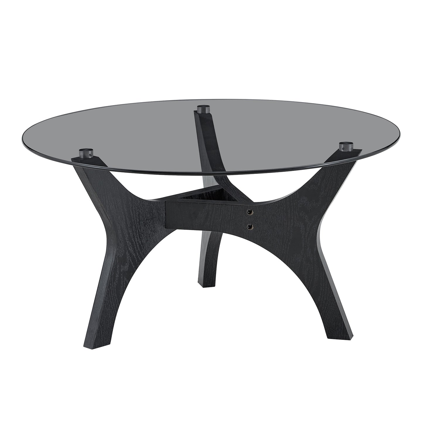 Round Coffee Table With Glass Top, Modern Living Room Table With Black Wooden Frame, Sturdy Coffee Table 80cm, Heat & Scratch Resistant, For Living Room, Office & Lounge