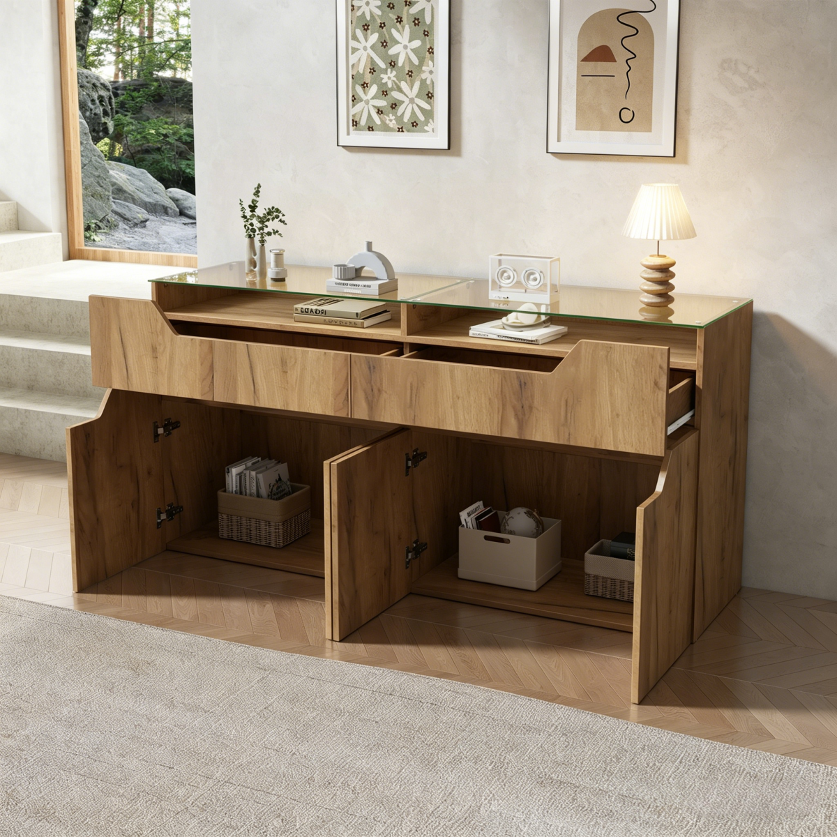 Sideboard With Tempered Glass Top, 140x40x70cm Wood Look Chest Of Drawers With 2 Drawers, MDF Storage Cabinet For Dining Room & Living Room, 30kg Load Capacity