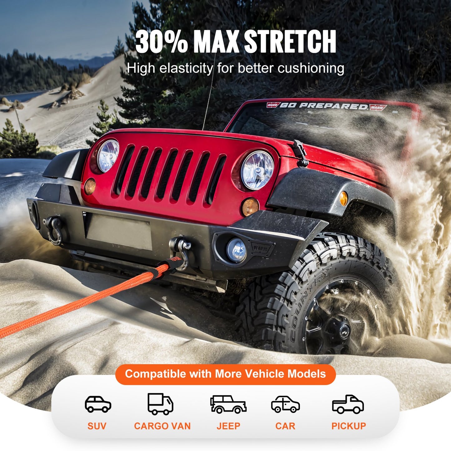 1" X 30' Kinetic Recovery Tow Rope 38,000 Lbs, Heavy-Duty Off Road Snatch Strap, Extreme Duty 30% Elasticity Energy Snatch Strap For Jeep Car Truck ATV UTV SUV Tractor