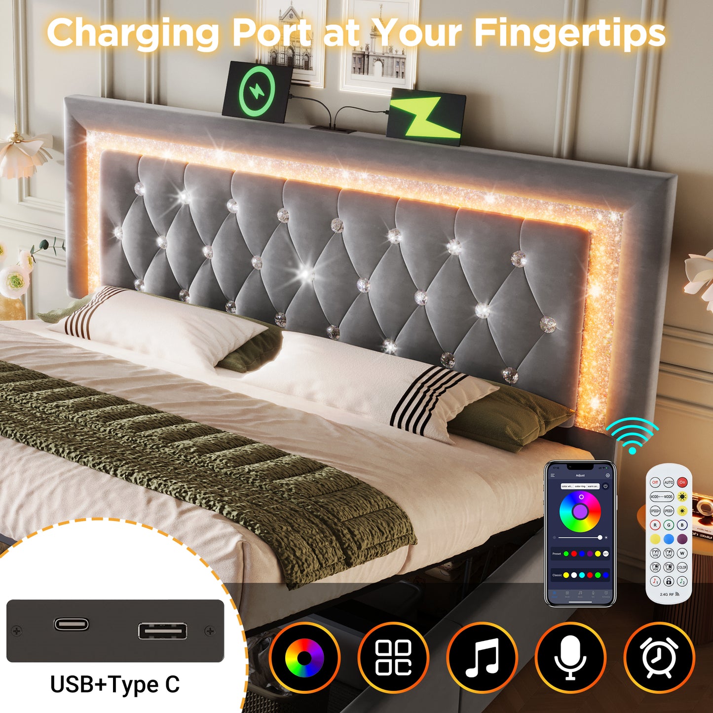 Upholstered Bed 135 X 190 Cm With LED Lighting, USB Type-C Charging, 4ft6 Hydraulic Storage Bed With Adjustable Diamond Tufted Headboard, Velvet, Grey No Mattress