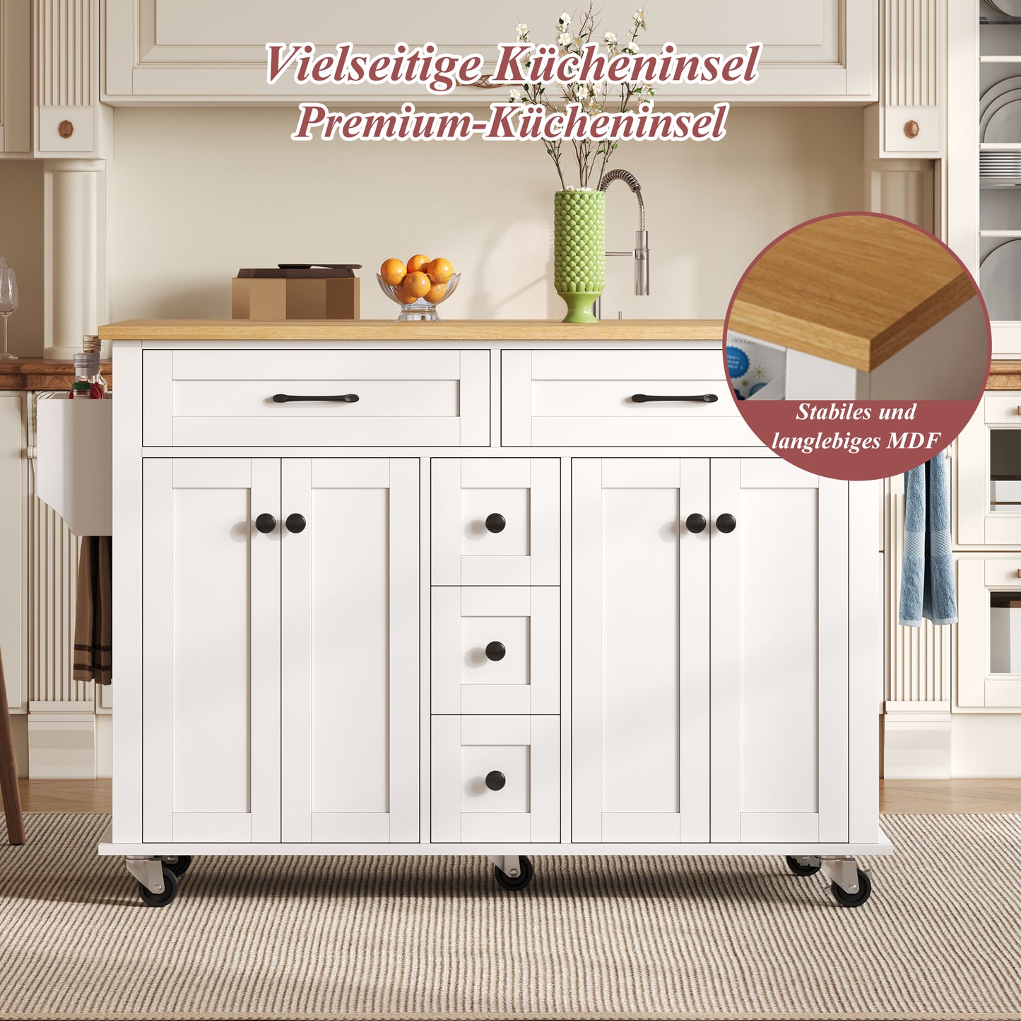 Multifunctional Kitchen Trolley With Fold-out Worktop, 120x65 Cm Expandable, With 5 Drawers, Cabinets, Spice & Towel Rack, On Castors  Kitchen Island For Kitchen, Dining Room & Living Room