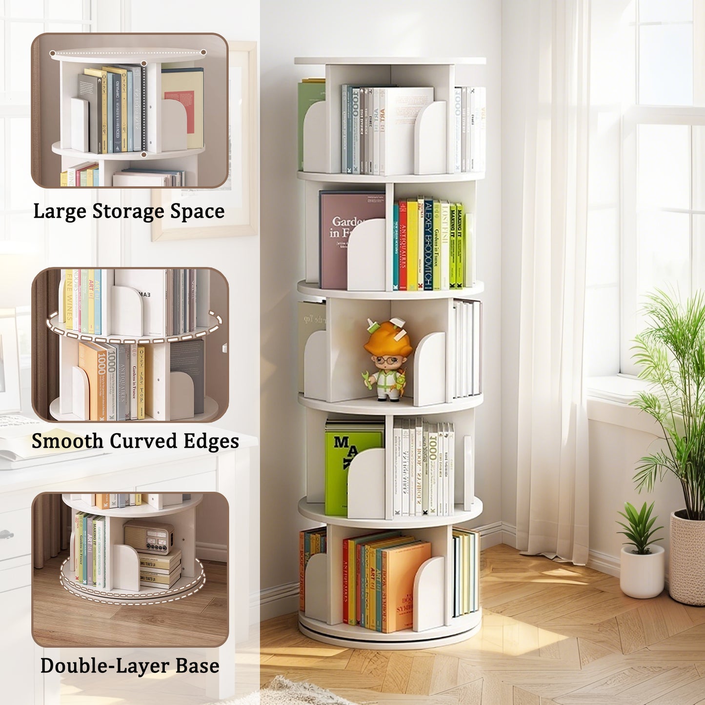 5 Tier Rotating Bookshelf,   Display Round Spinning Bookshelf, Space-Saving, Small Space Rotating Bookshelf Tower For Bedroom, Living Room, Home, Office, Warm White