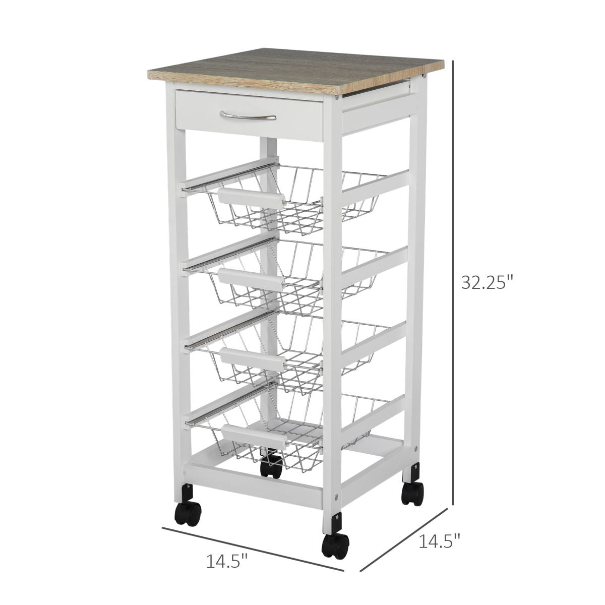 Mobile Kitchen Cart, Rolling Kitchen Island with Storage, Solid Wood Frame Utility Cart with Wire Fruit Baskets and Drawer, White